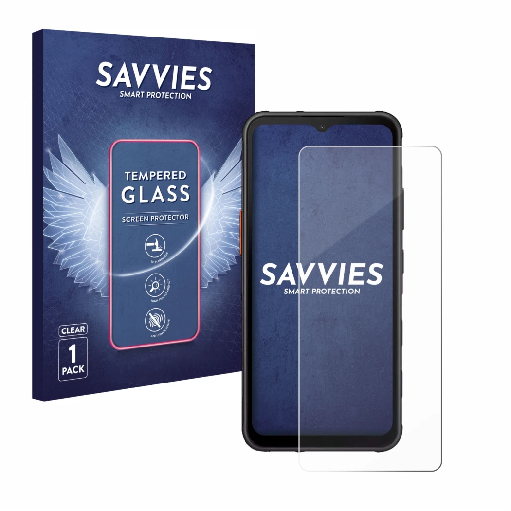 Front side of a product packaging with the brand logo Savvies. Next to it is the device Samsung Galaxy XCover 7 shown with the
