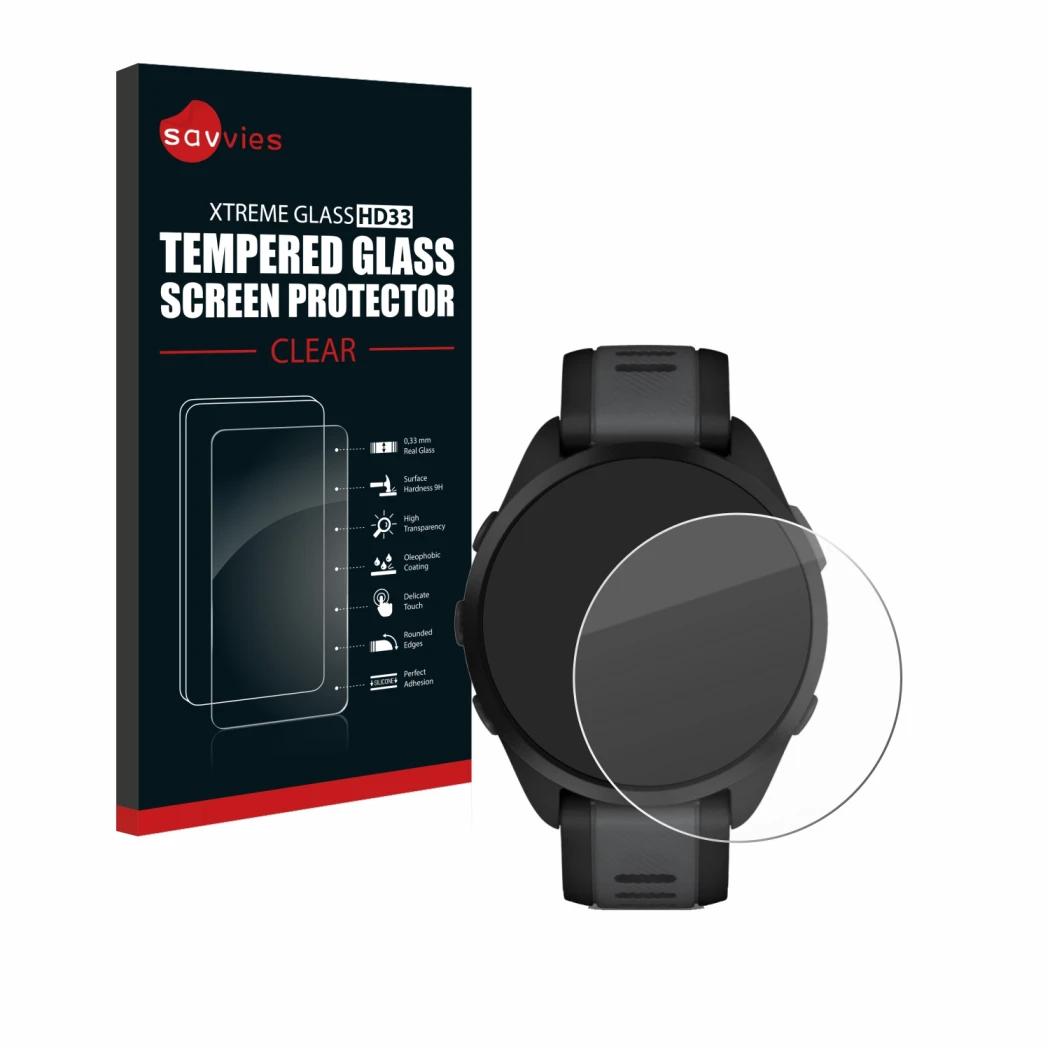 Front side of a product packaging with the brand logo Savvies. Next to it is the device Garmin Forerunner 165 shown with the c