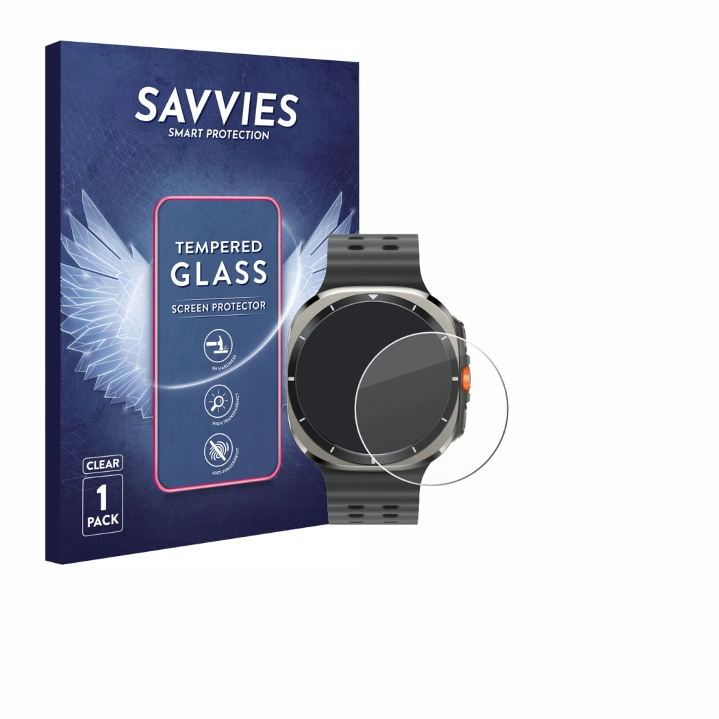 Front side of a product packaging with the brand logo Savvies. Next to it is the device Samsung Galaxy Watch Ultra (47 mm) sho