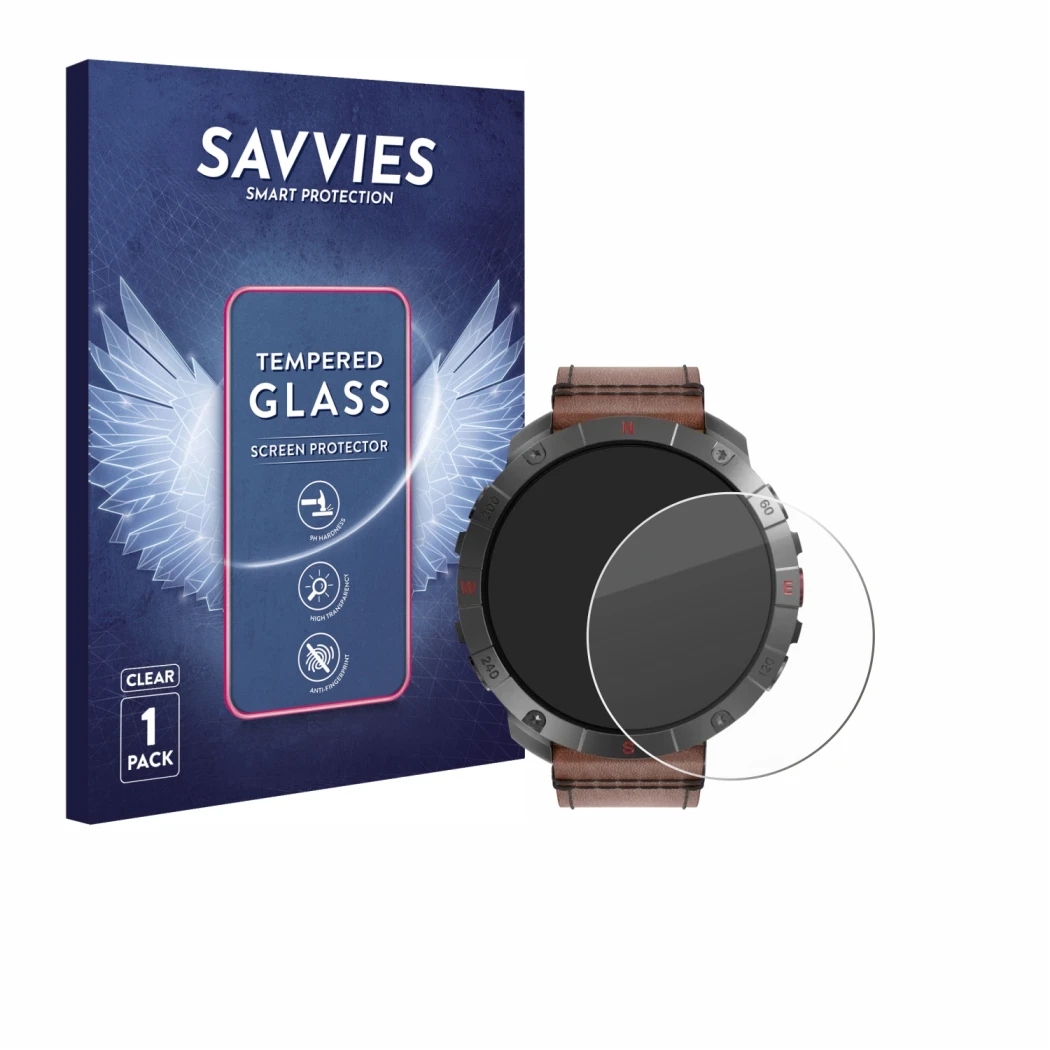 Front side of a product packaging with the brand logo Savvies. Next to it is the device Polar Grit X2 Pro Titan shown with the