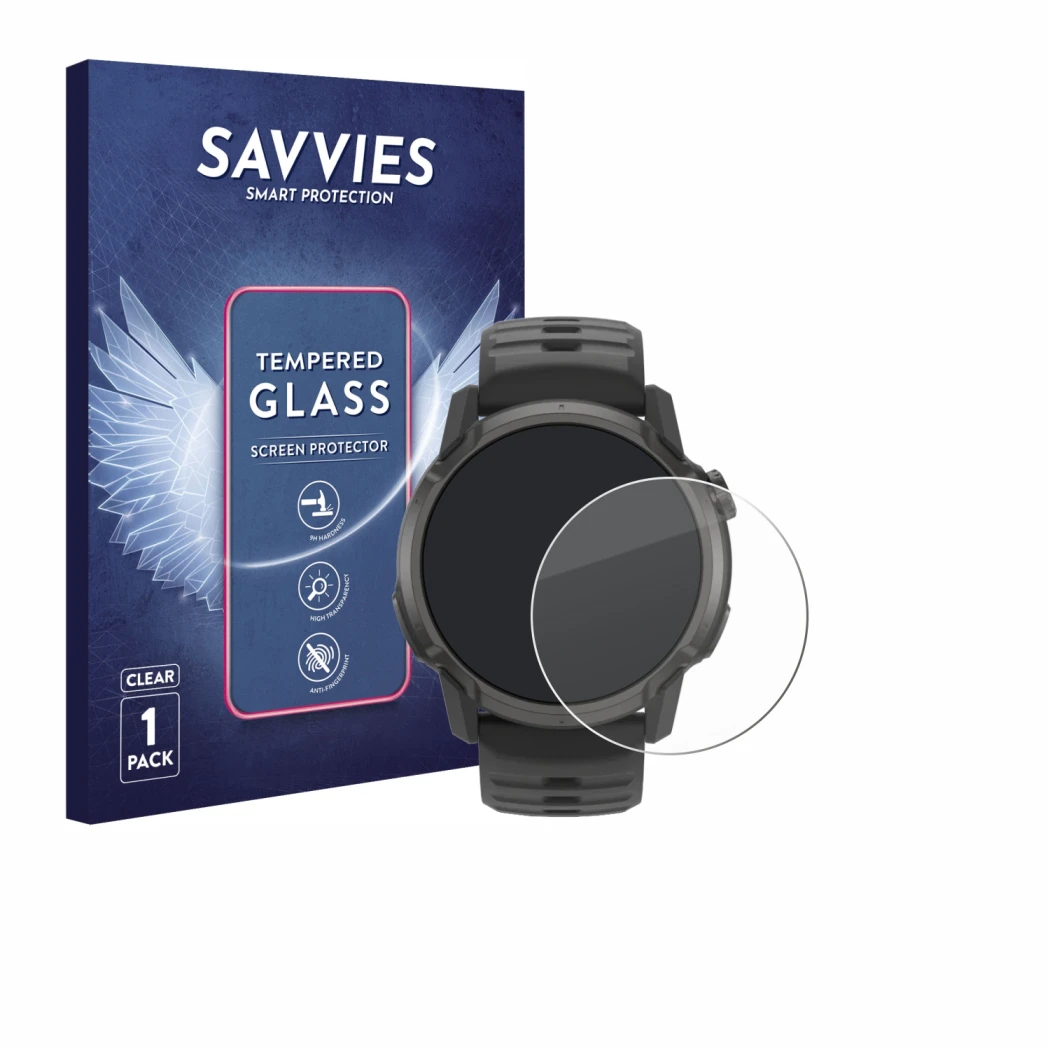 Front side of a product packaging with the brand logo Savvies. Next to it is the device Coros Apex 4 (42 mm) shown with the co