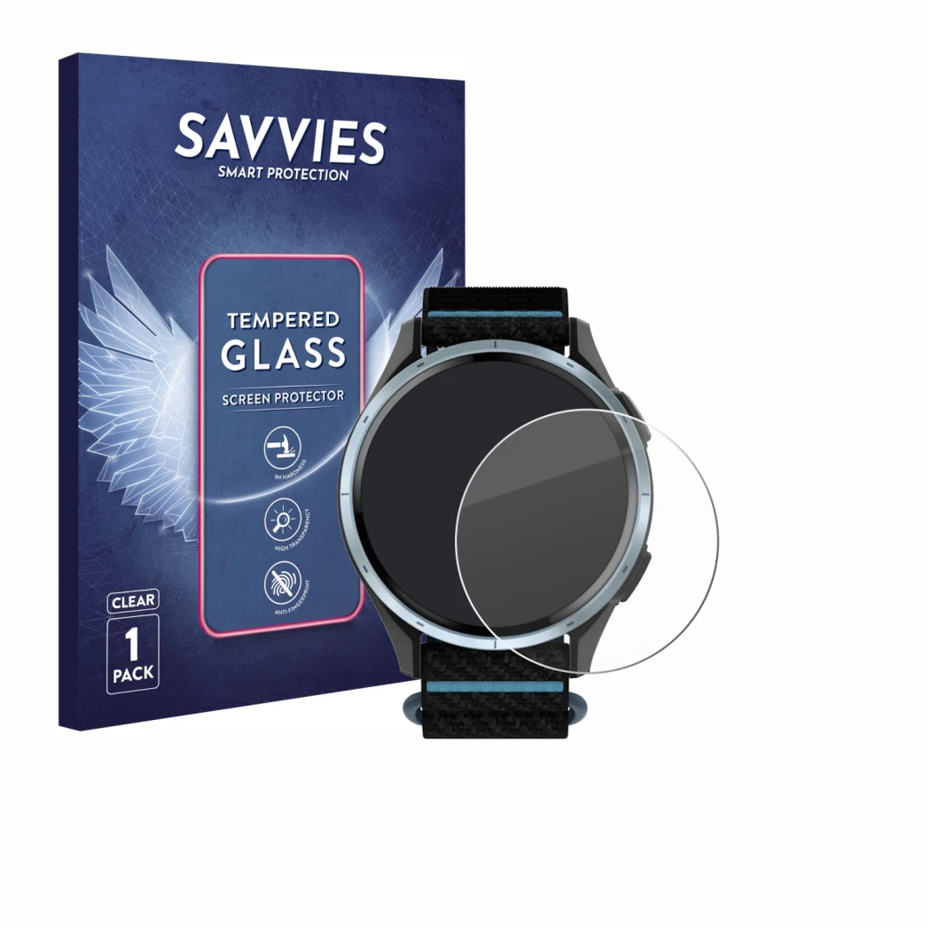 Front side of a product packaging with the brand logo Savvies. Next to it is the device Garmin Approach J1 shown with the corr