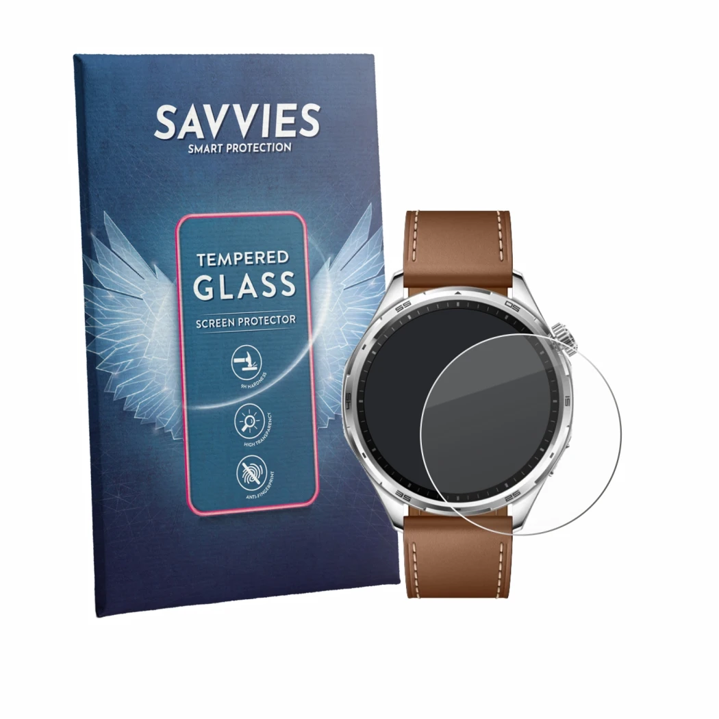 Front side of a product packaging with the brand logo Savvies. Next to it is the device Honor Watch 6 shown with the correspon