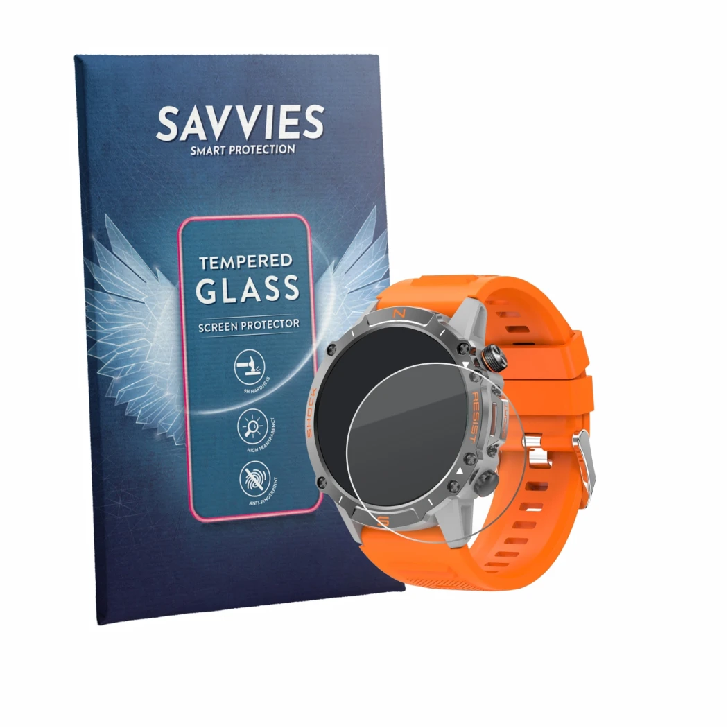 Front side of a product packaging with the brand logo Savvies. Next to it is the device WalkerFit M6 Ultra 1.43