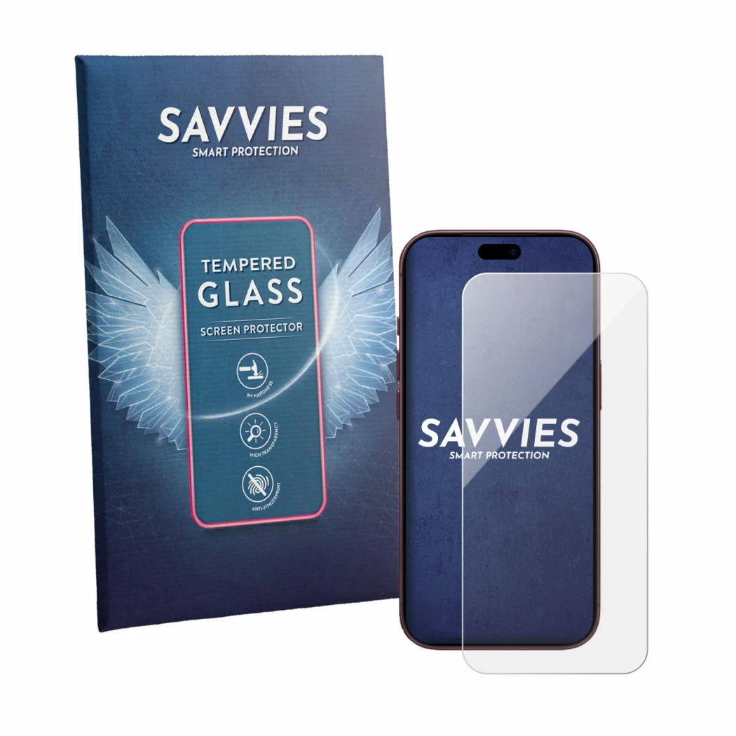 Front side of a product packaging with the brand logo Savvies. Next to it is the device Apple iPhone 18 Pro shown with the cor