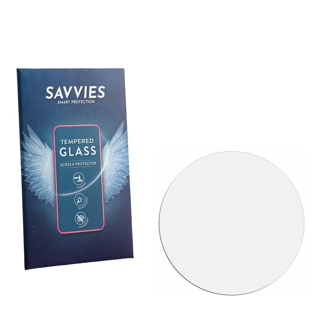 Front side of a product packaging with the brand logo Savvies. Next to it is the corresponding screen protector.