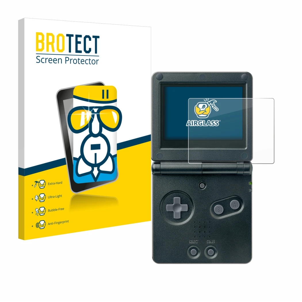 Front side of a product packaging with the brand logo BROTECT. Next to it is the device Nintendo Gameboy Advance GBA SP shown