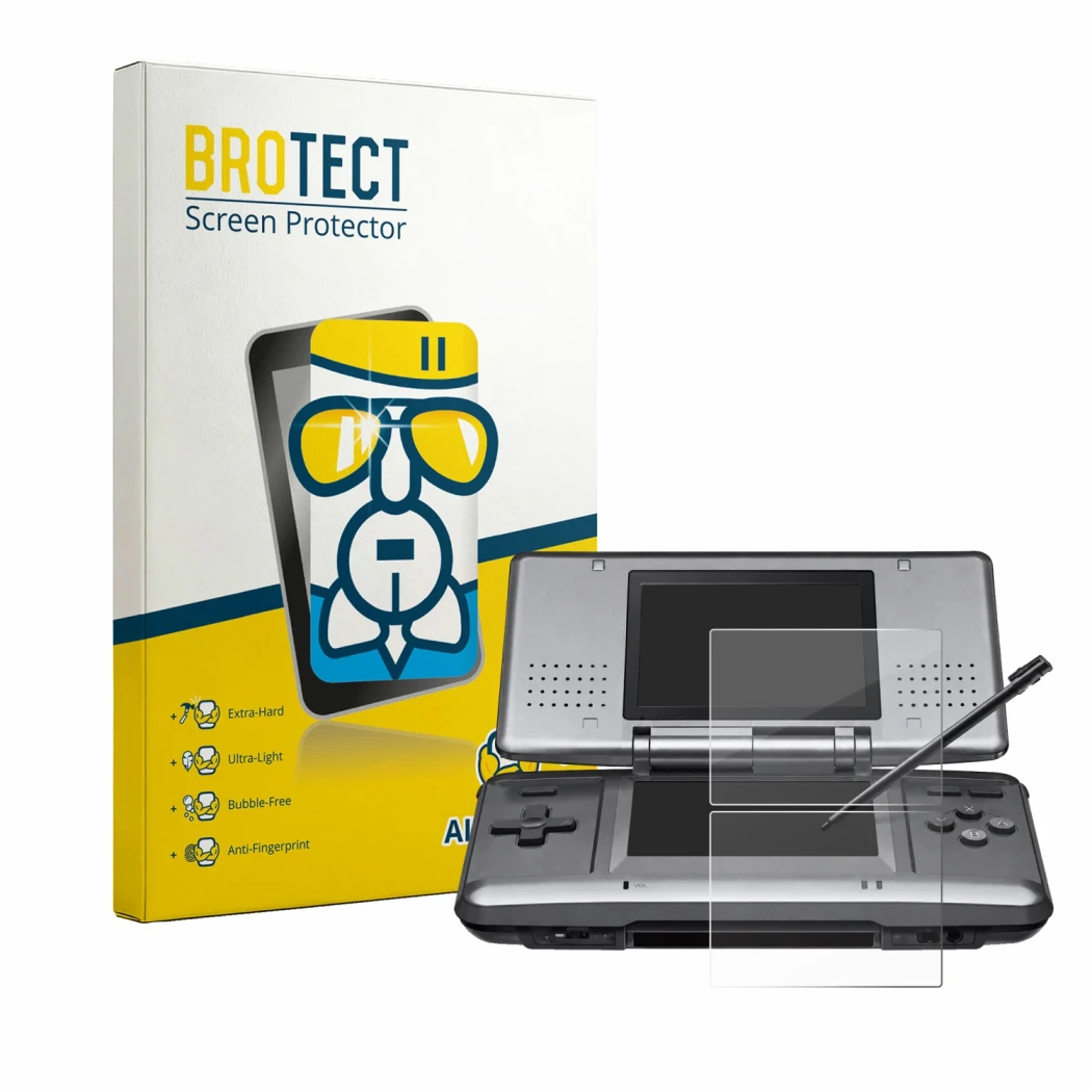Front side of a product packaging with the brand logo BROTECT. Next to it is the device Nintendo DS shown with the correspondi