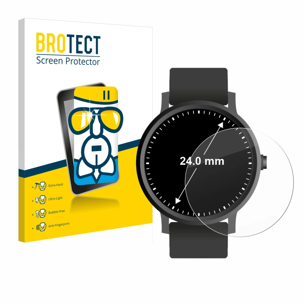 Front side of a product packaging with the brand logo BROTECT. Next to it is the device Watches (Circular, ø: 24 mm) shown wit