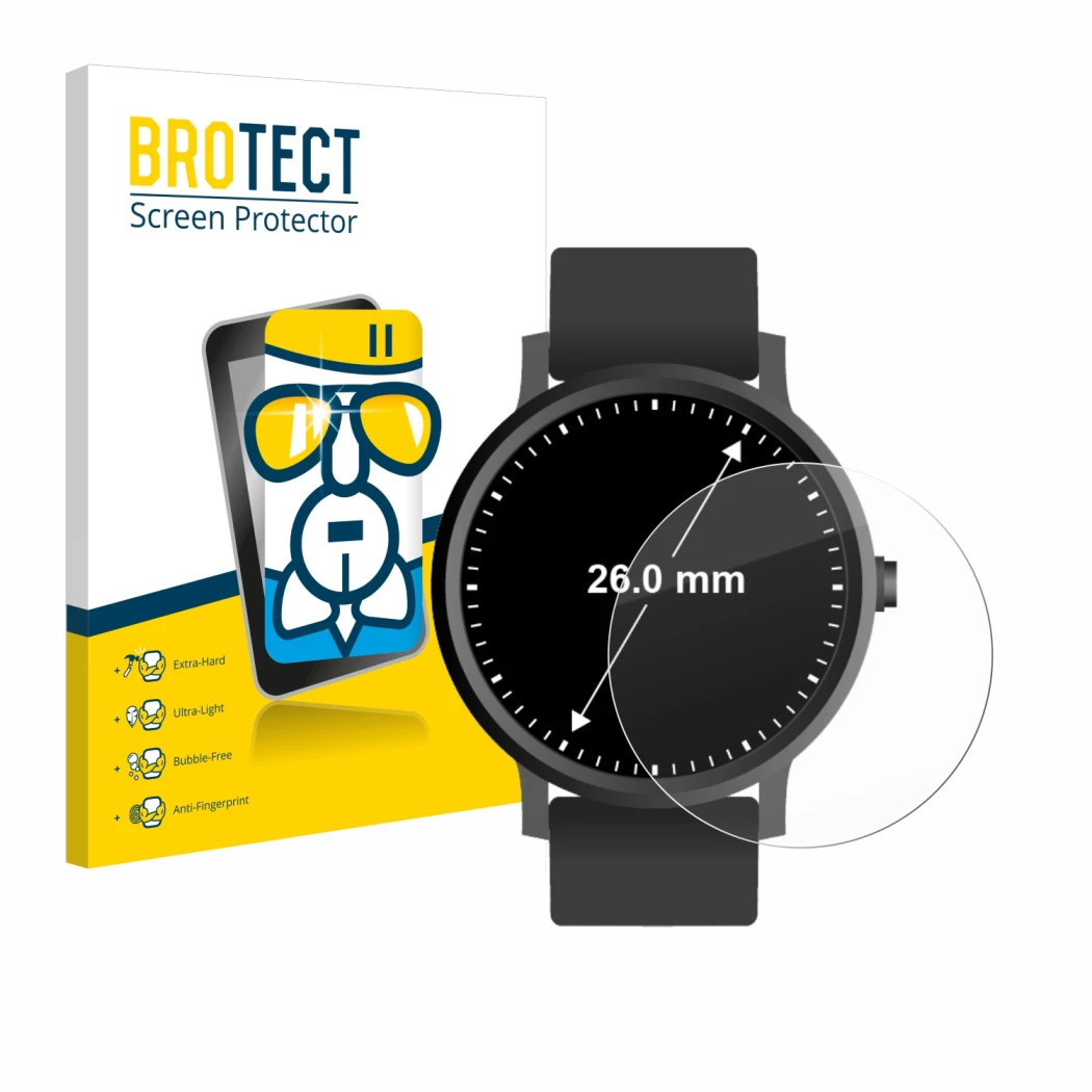 Front side of a product packaging with the brand logo BROTECT. Next to it is the device Watches (Circular, ø: 26 mm) shown wit