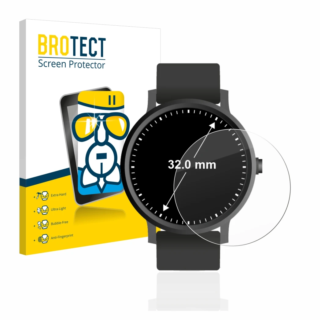 Front side of a product packaging with the brand logo BROTECT. Next to it is the device Watches (Circular, ø: 32 mm) shown wit
