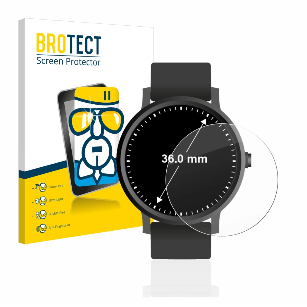 Front side of a product packaging with the brand logo BROTECT. Next to it is the device Watches (Circular, ø: 36 mm) shown wit
