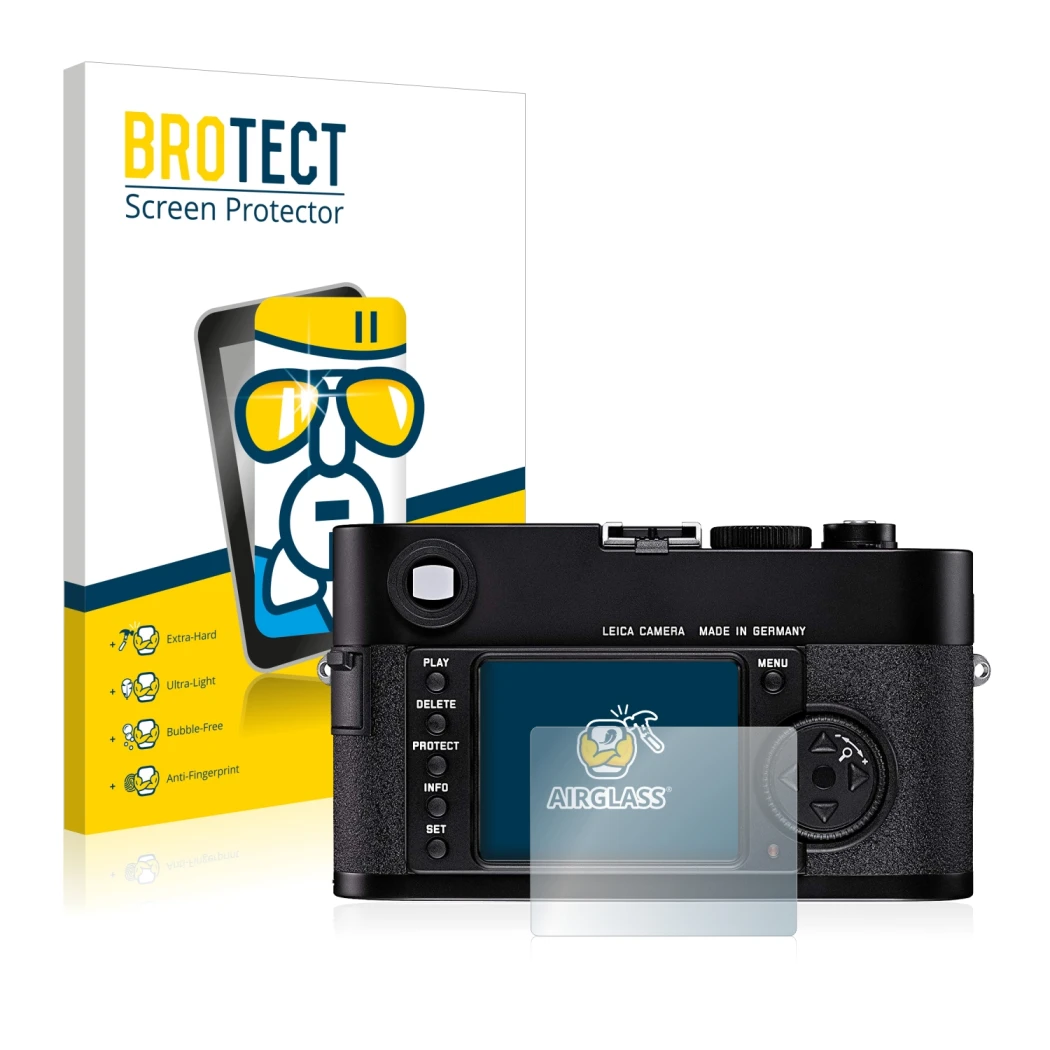 Front side of a product packaging with the brand logo BROTECT. Next to it is the device Leica M8 shown with the corresponding 