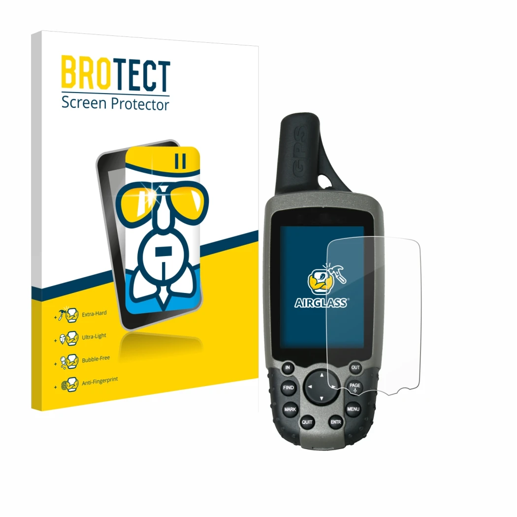 Front side of a product packaging with the brand logo BROTECT. Next to it is the device Garmin GPSMAP 60CSx shown with the cor