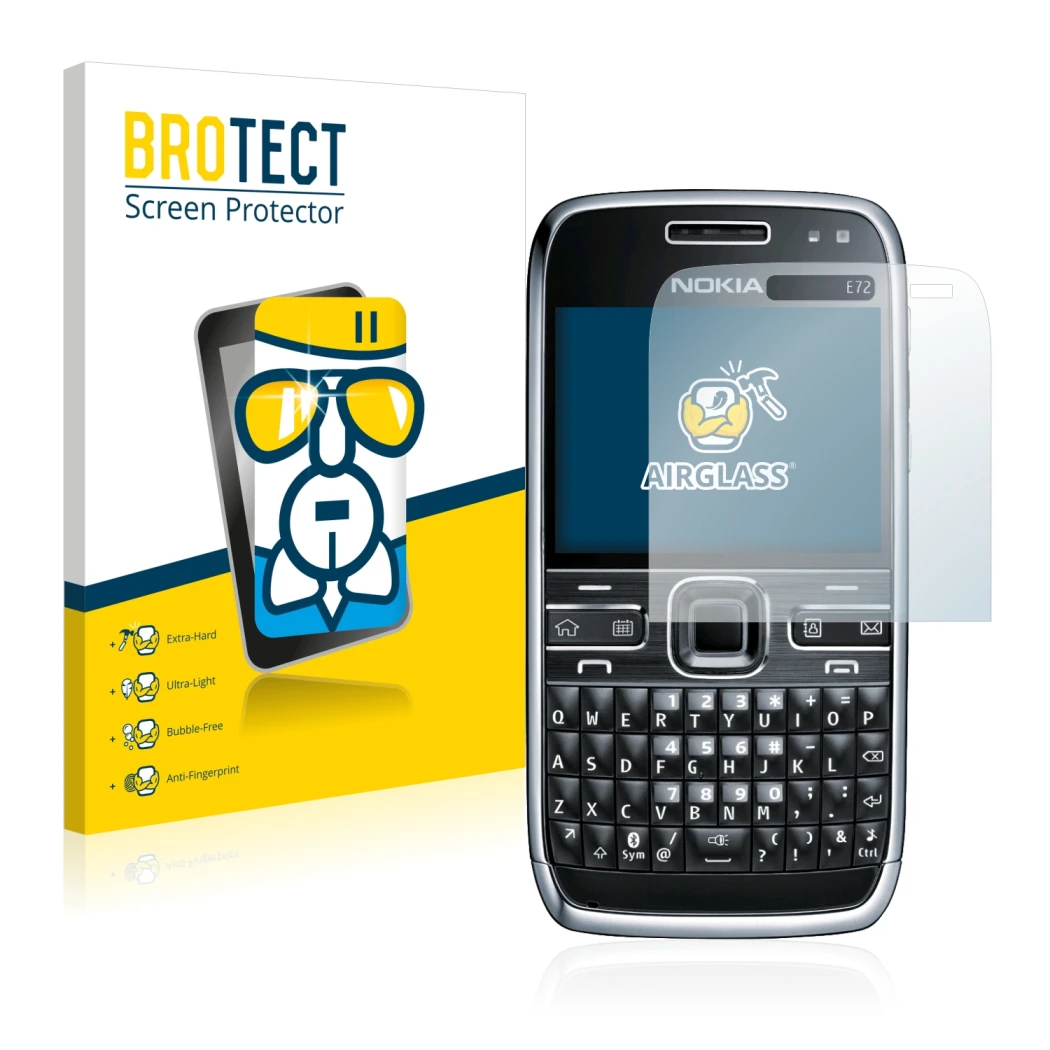 Front side of a product packaging with the brand logo BROTECT. Next to it is the device Nokia E72 shown with the corresponding