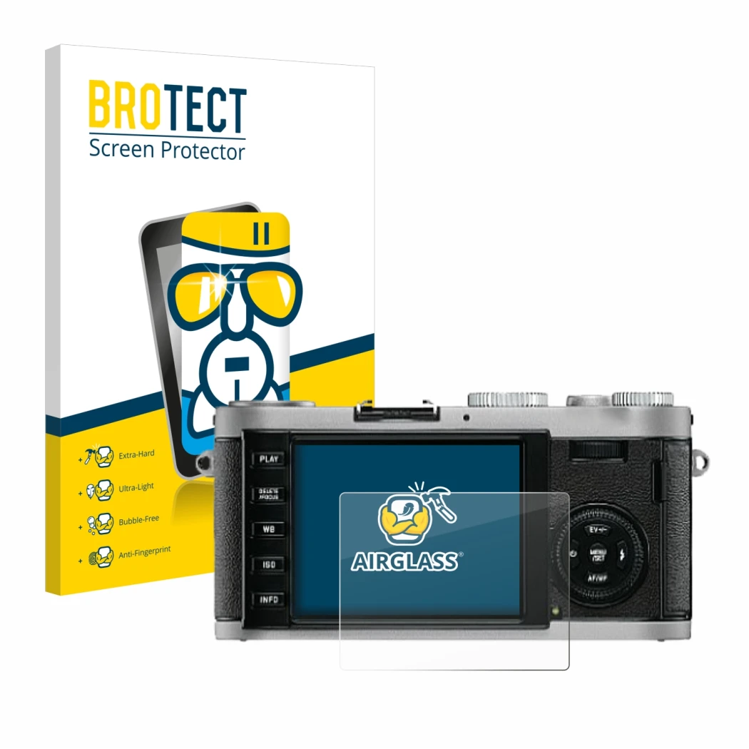 Front side of a product packaging with the brand logo BROTECT. Next to it is the device Leica X1 shown with the corresponding 
