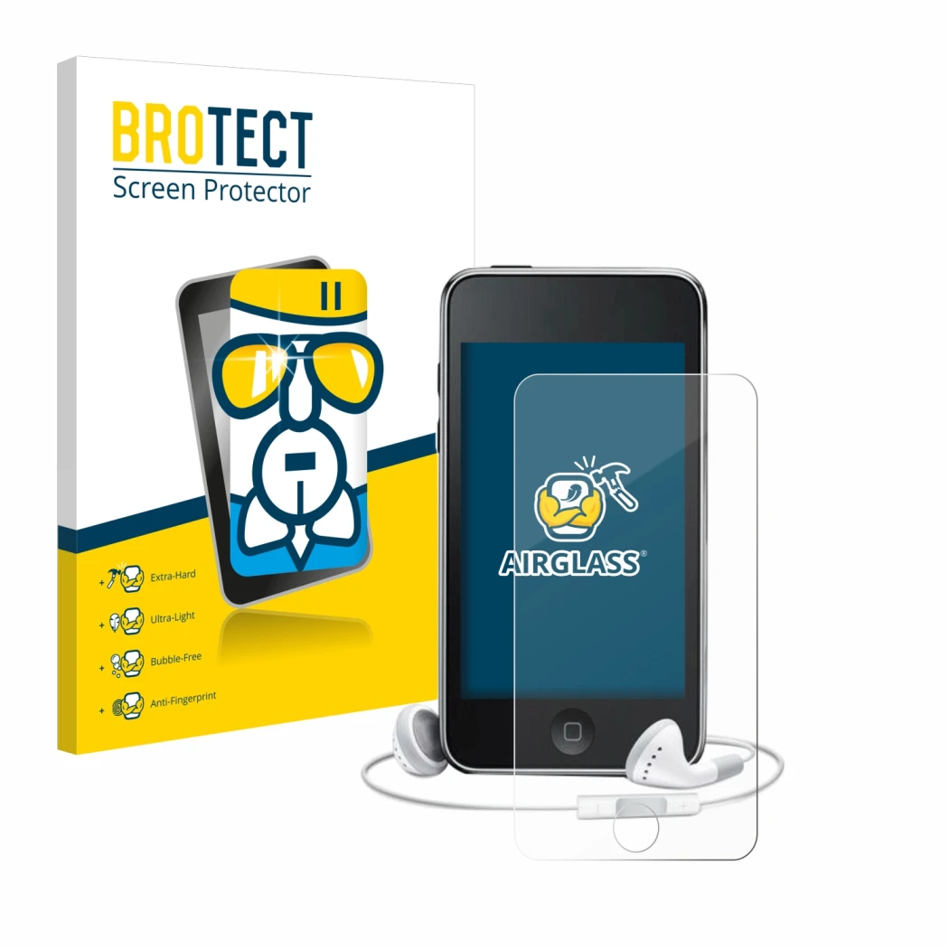 Front side of a product packaging with the brand logo BROTECT. Next to it is the device Apple iPod Touch (3rd Gen.) shown with