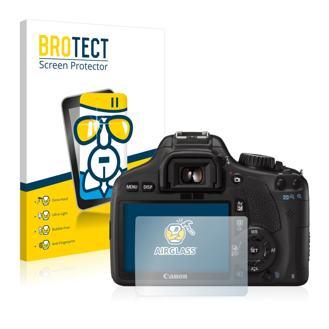 Front side of a product packaging with the brand logo BROTECT. Next to it is the device Canon EOS 550D shown with the correspo