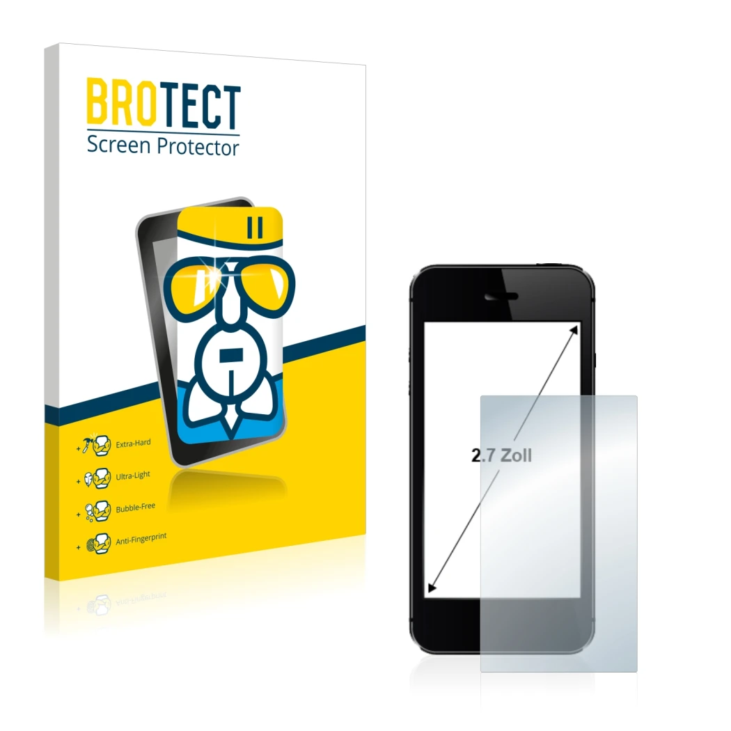 Front side of a product packaging with the brand logo BROTECT. Next to it is the device shown with the corresponding screen pr