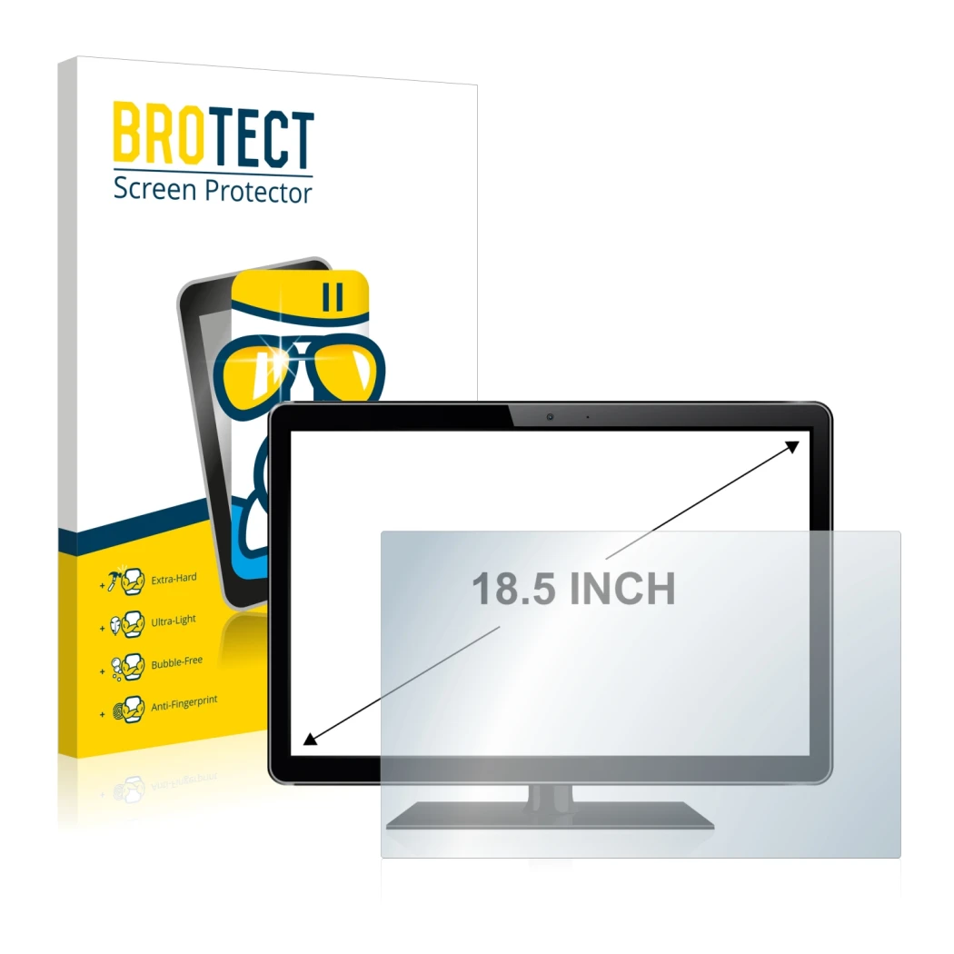 Front side of a product packaging with the brand logo BROTECT. Next to it is the device shown with the corresponding screen pr