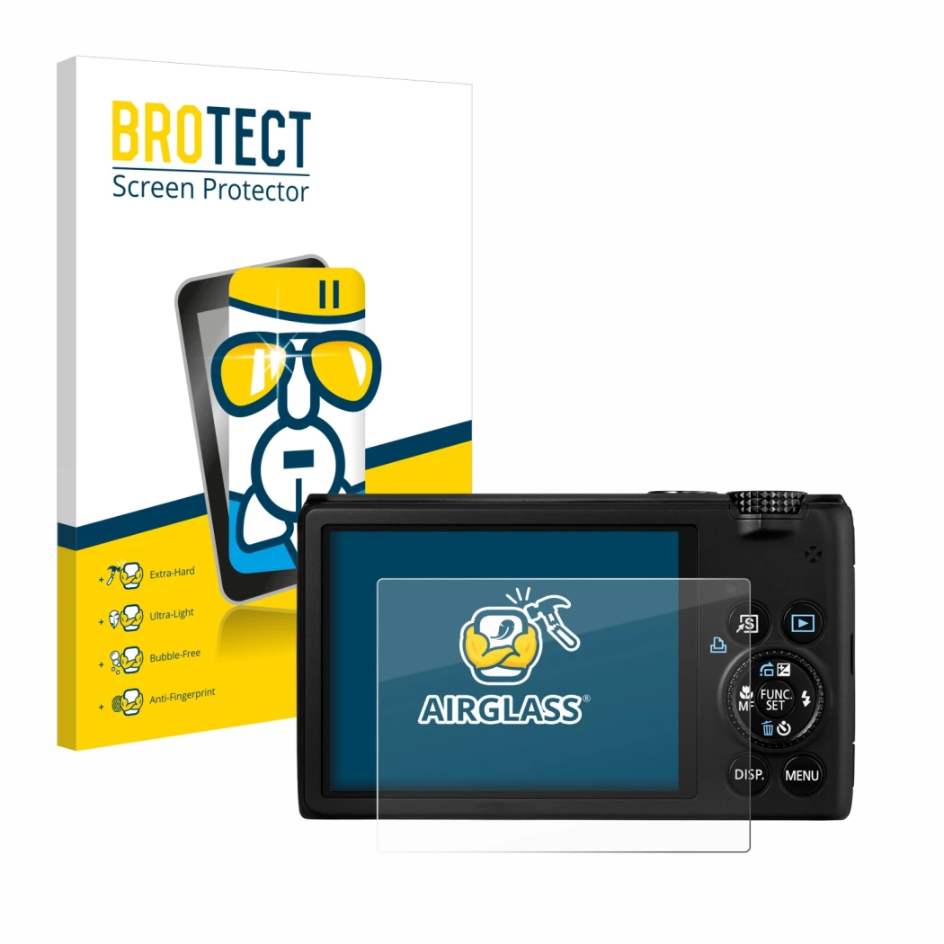 Front side of a product packaging with the brand logo BROTECT. Next to it is the device Canon PowerShot S95 shown with the cor