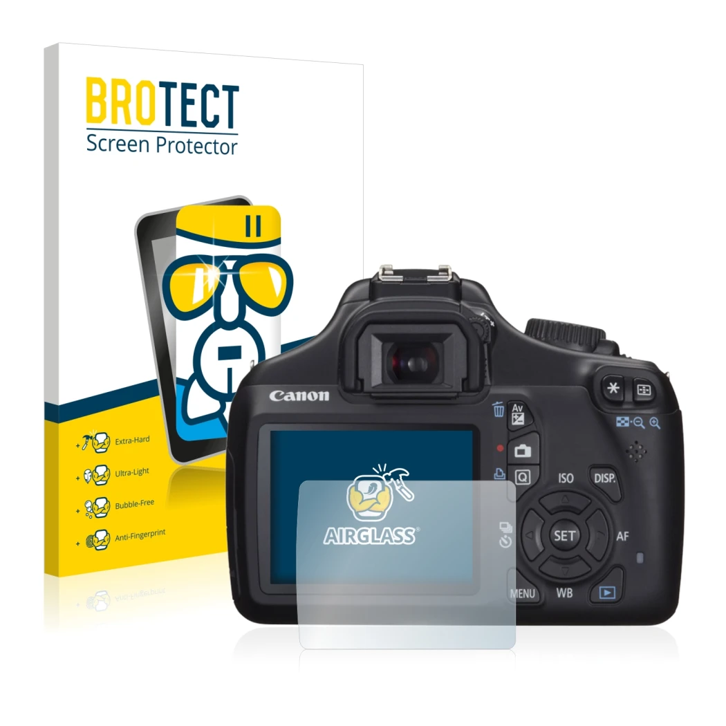 Front side of a product packaging with the brand logo BROTECT. Next to it is the device Canon EOS 1100D shown with the corresp