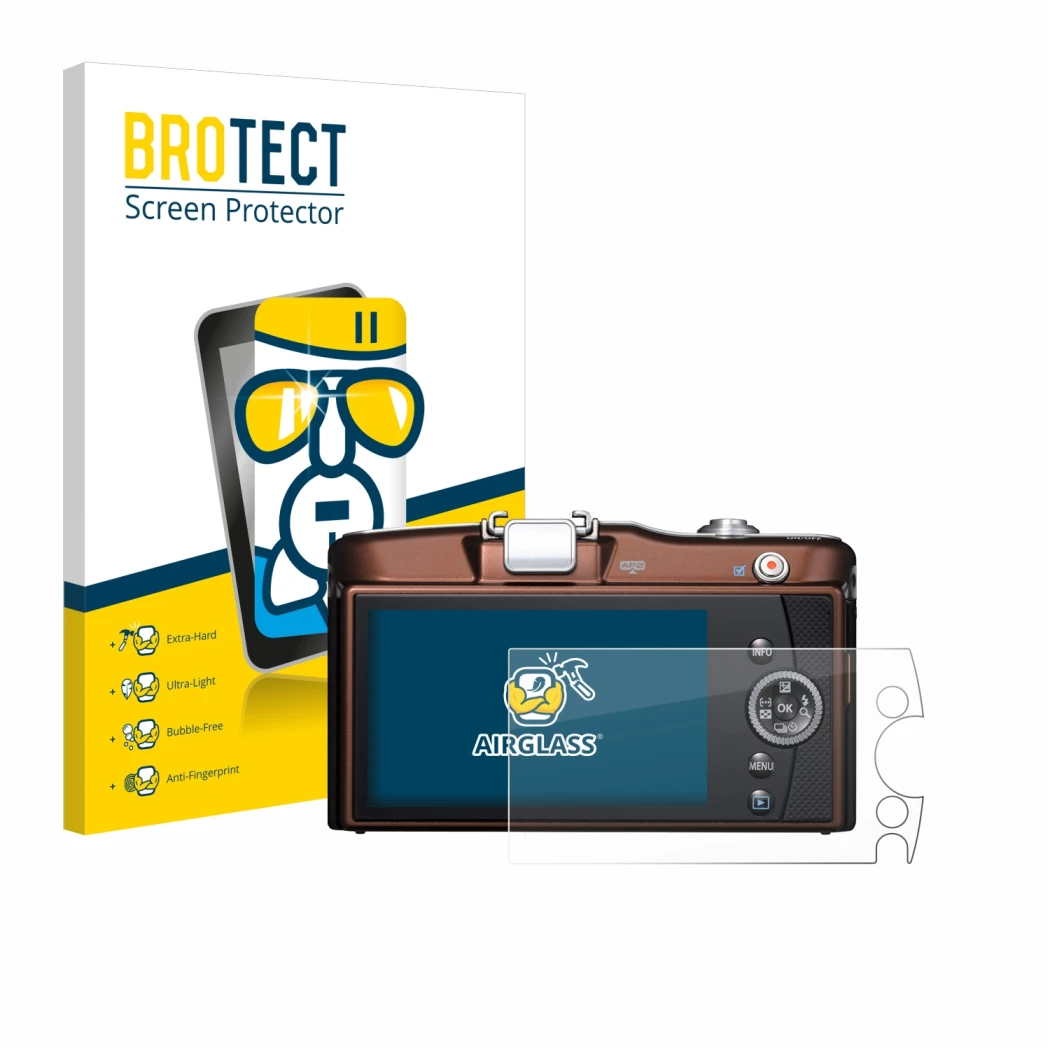 Front side of a product packaging with the brand logo BROTECT. Next to it is the device Olympus PEN E-PM1 shown with the corre
