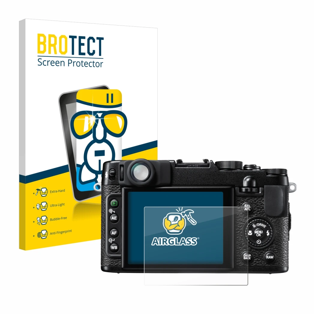 Front side of a product packaging with the brand logo BROTECT. Next to it is the device Fujifilm FinePix X10 shown with the co