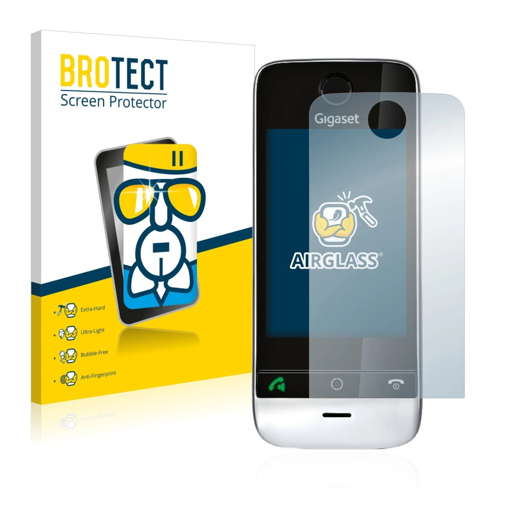 Front side of a product packaging with the brand logo BROTECT. Next to it is the device Gigaset SL910 (circular cutout) shown 