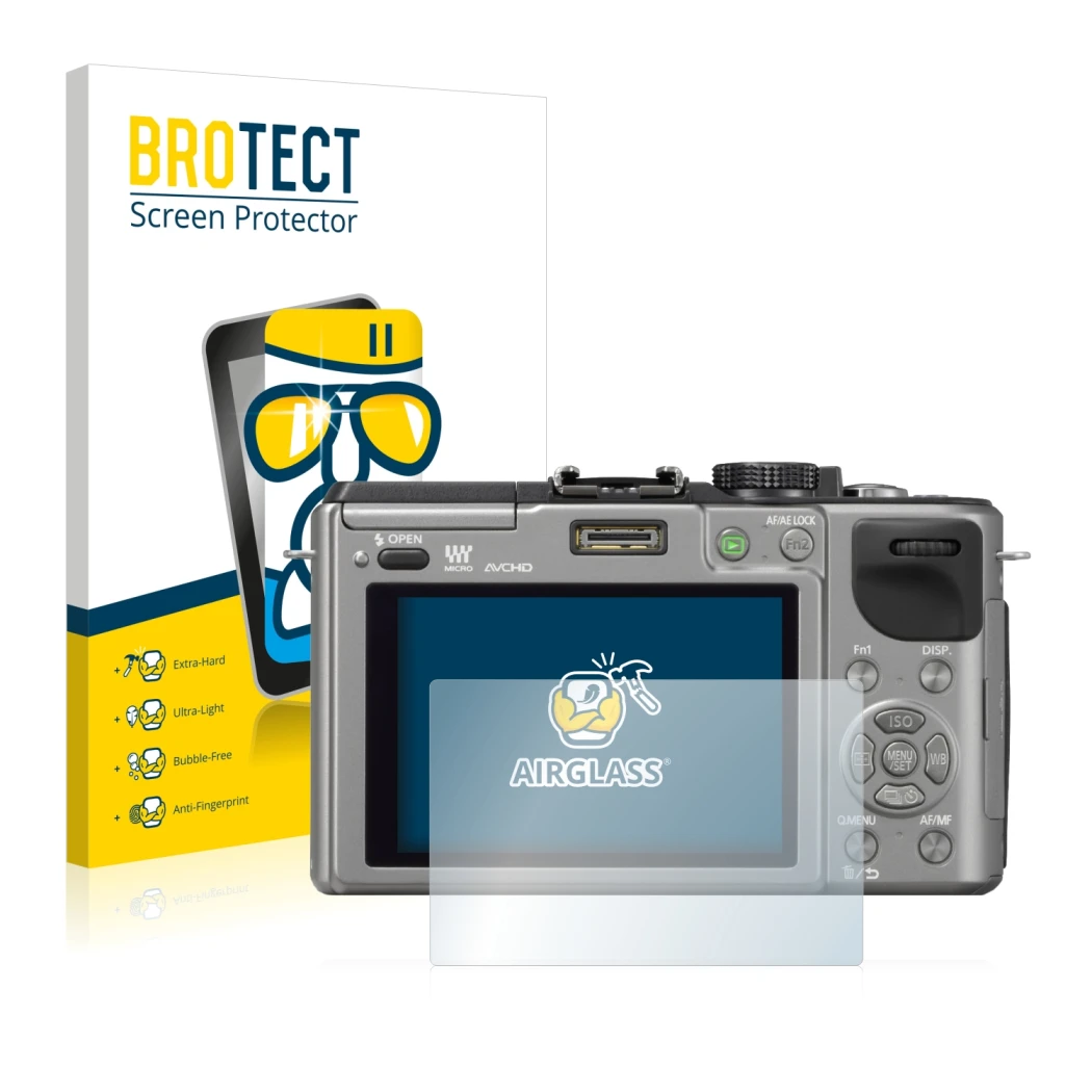 Front side of a product packaging with the brand logo BROTECT. Next to it is the device Panasonic Lumix DMC-GX1 shown with the
