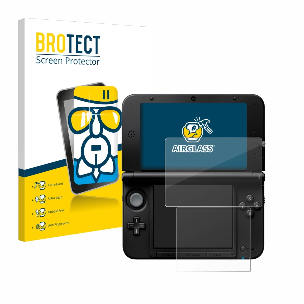 Front side of a product packaging with the brand logo BROTECT. Next to it is the device Nintendo 3DS XL SPM7800 shown with the