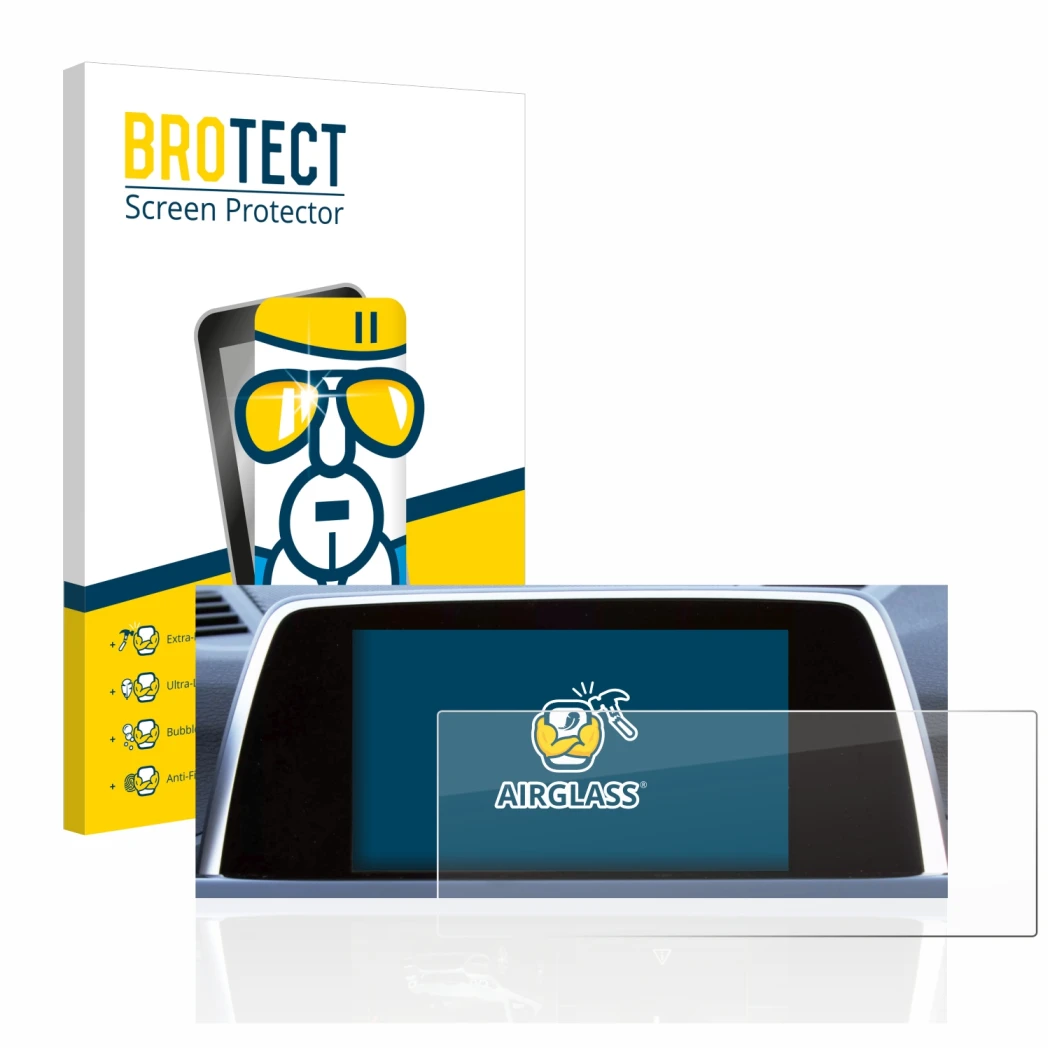 Front side of a product packaging with the brand logo BROTECT. Next to it is the device BMW 6 F13 Coupe 2011 iDrive Pro 10.2