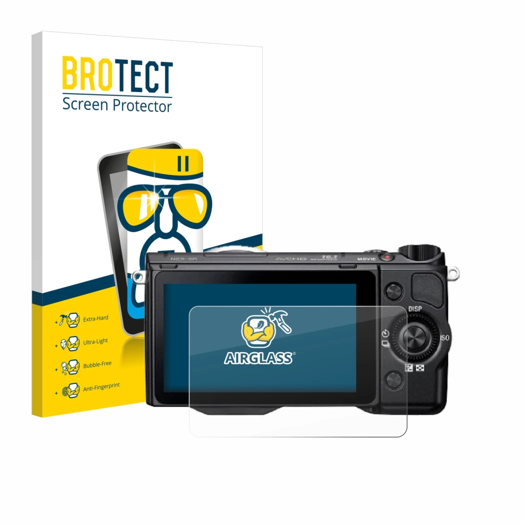Front side of a product packaging with the brand logo BROTECT. Next to it is the device Sony Alpha NEX-5R shown with the corre