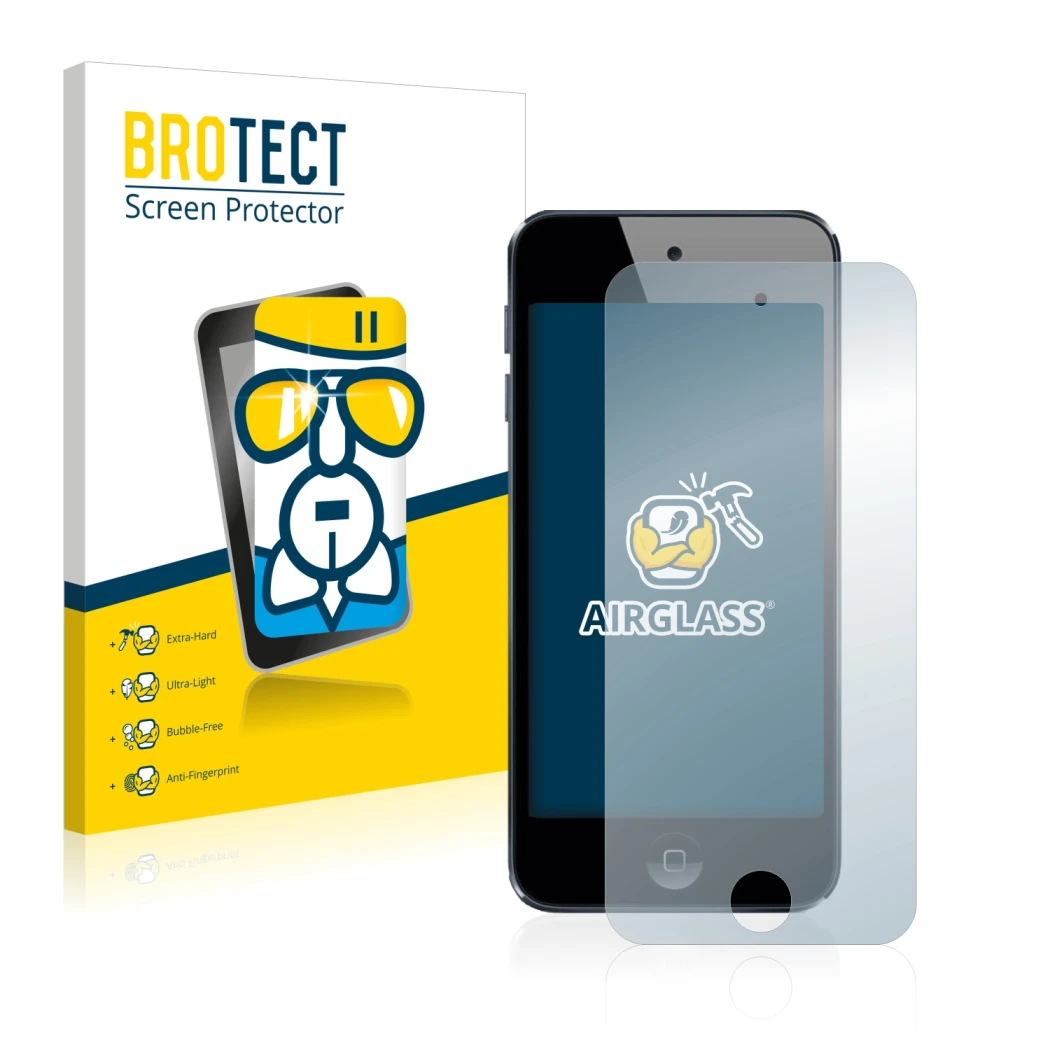 Front side of a product packaging with the brand logo BROTECT. Next to it is the device Apple iPod Touch (5th. Gen.) shown wit