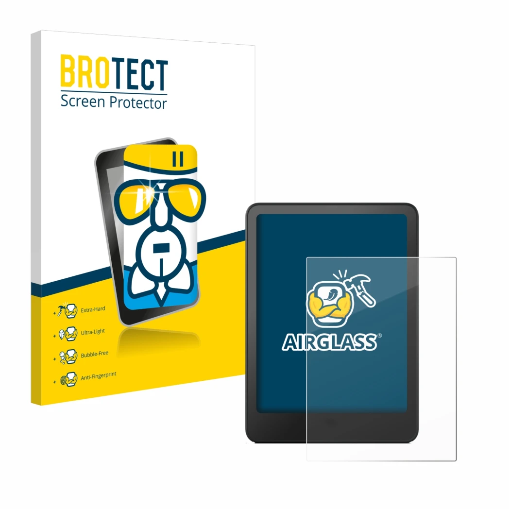 Front side of a product packaging with the brand logo BROTECT. Next to it is the device Amazon Kindle Paperwhite 2012 shown wi