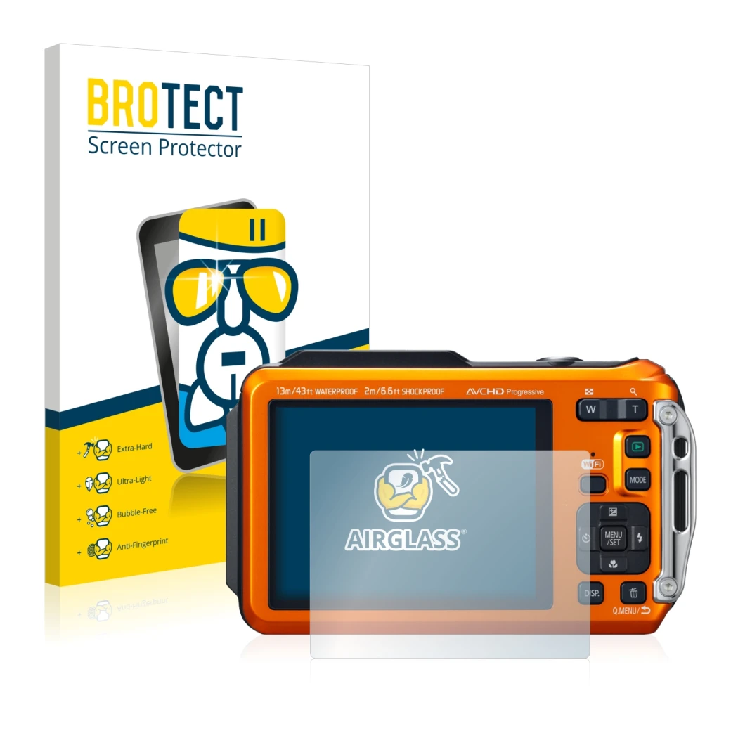 Front side of a product packaging with the brand logo BROTECT. Next to it is the device Panasonic Lumix DMC-FT5 shown with the