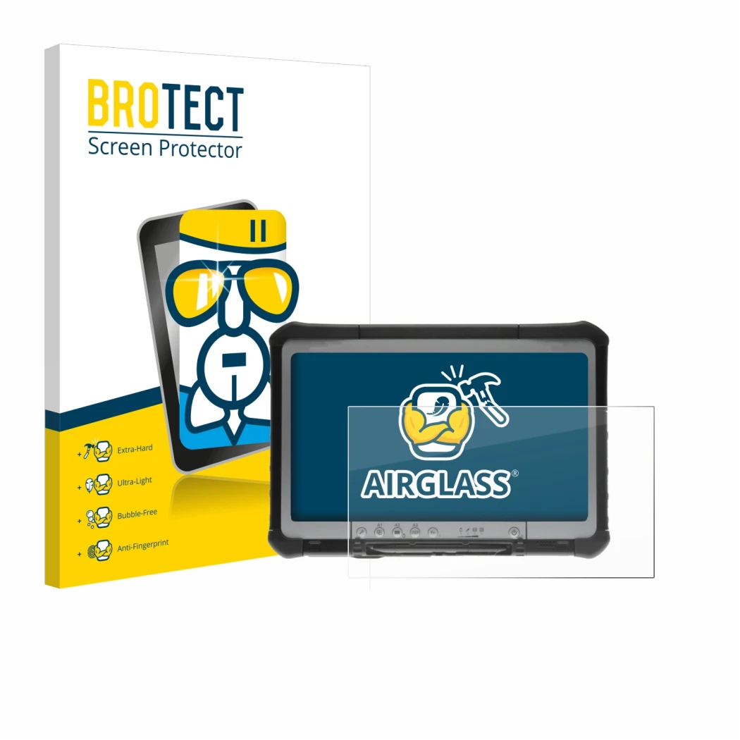Front side of a product packaging with the brand logo BROTECT. Next to it is the device Panasonic Toughbook CF-D1 shown with t