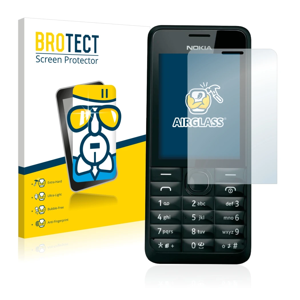 Front side of a product packaging with the brand logo BROTECT. Next to it is the device Nokia 301 shown with the corresponding