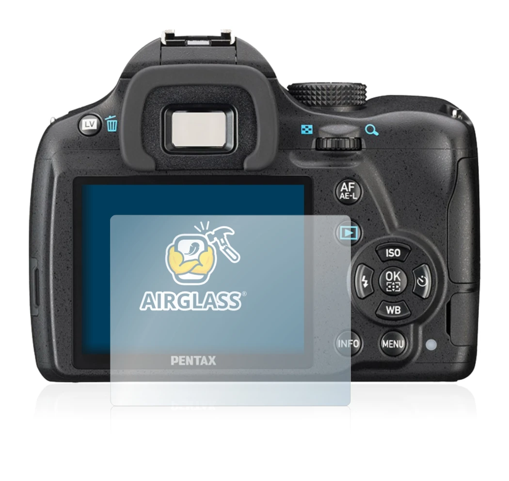 Image of the device Pentax K-50 with a wide variety of screen protectors.