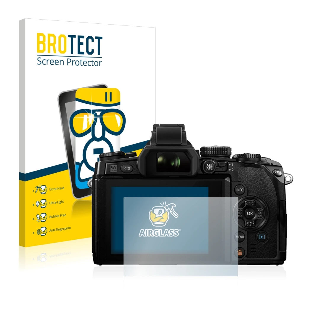 Front side of a product packaging with the brand logo BROTECT. Next to it is the device Olympus OM-D E-M1 shown with the corre