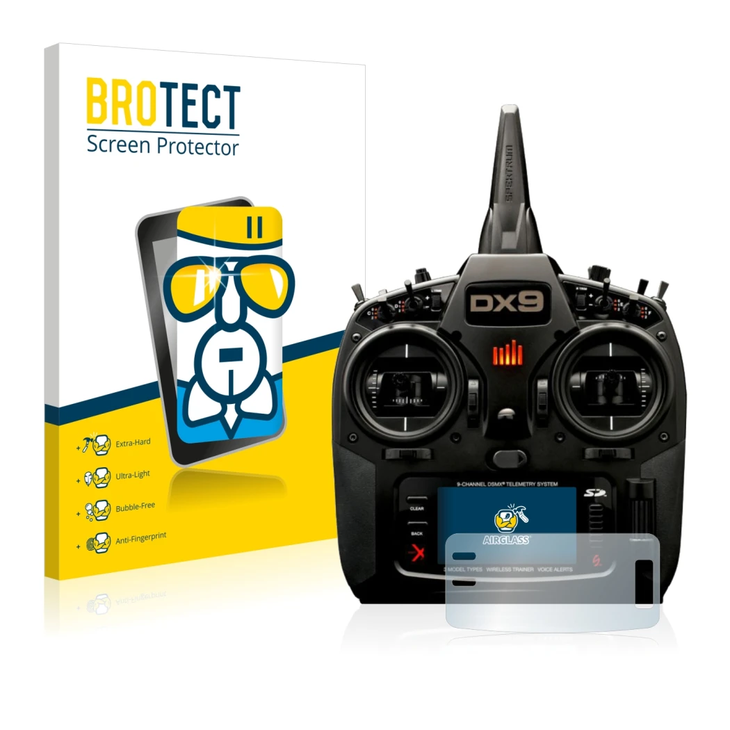 Front side of a product packaging with the brand logo BROTECT. Next to it is the device Spektrum DX9 shown with the correspond