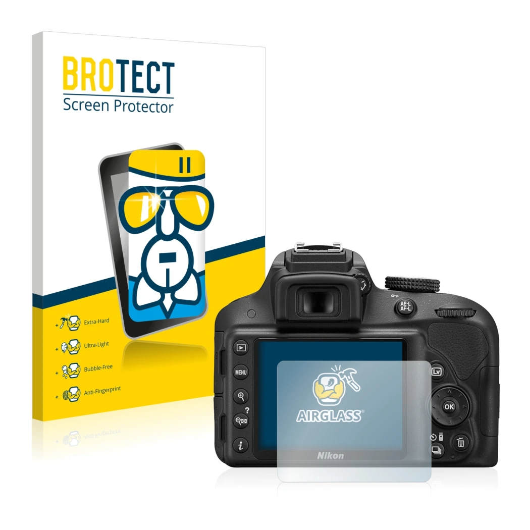 Front side of a product packaging with the brand logo BROTECT. Next to it is the device Nikon D3300 shown with the correspondi