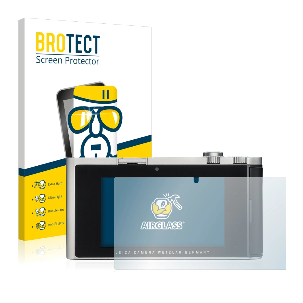 Front side of a product packaging with the brand logo BROTECT. Next to it is the device Leica T (Typ 701) shown with the corre
