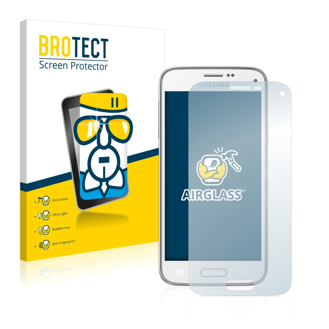 Front side of a product packaging with the brand logo BROTECT. Next to it is the device Samsung Galaxy S5 Mini SM-G800 shown w
