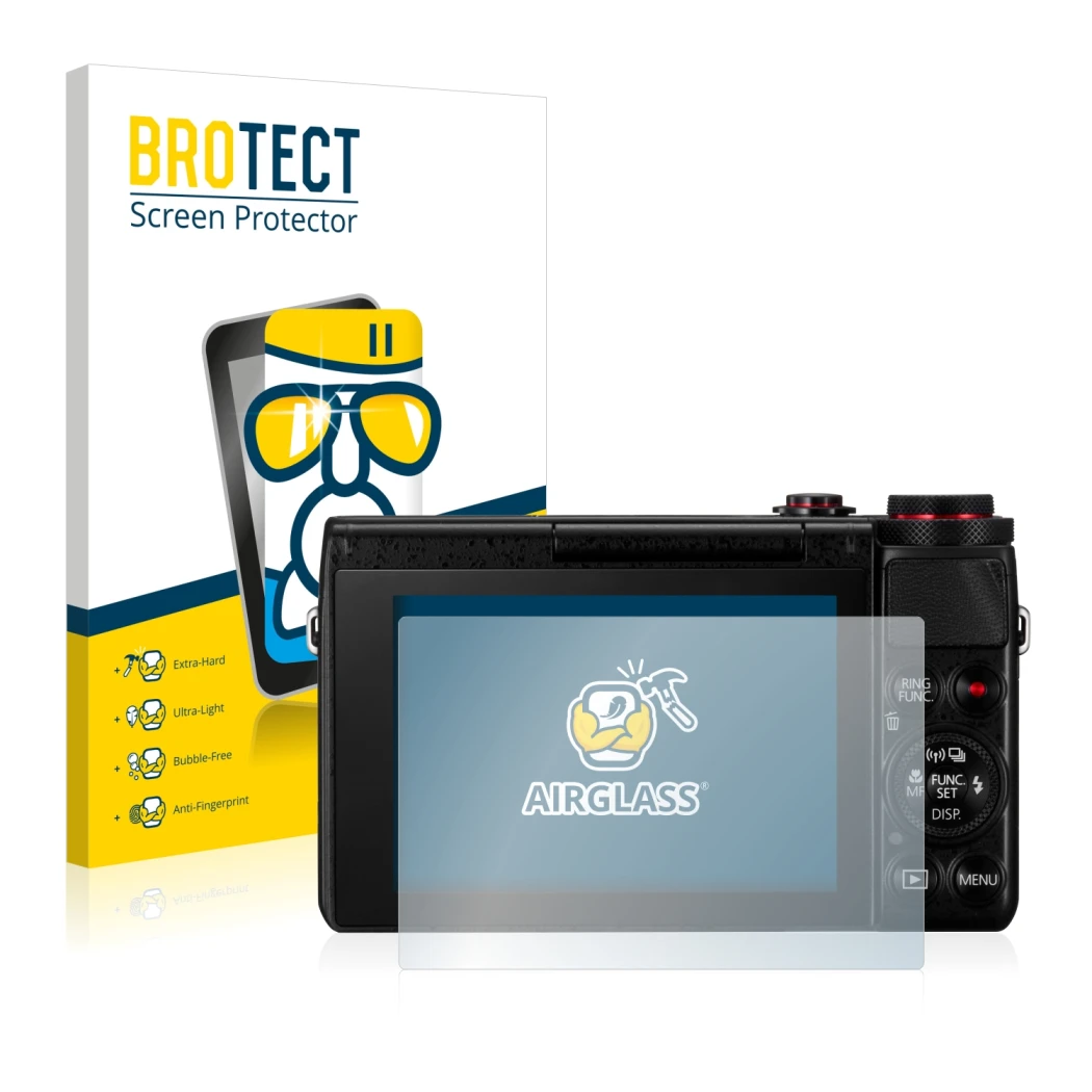 Front side of a product packaging with the brand logo BROTECT. Next to it is the device Canon PowerShot G7 X G7X shown with th