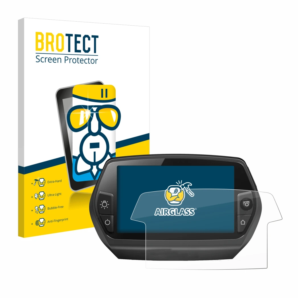 Front side of a product packaging with the brand logo BROTECT. Next to it is the device Bosch Nyon 2014 shown with the corresp