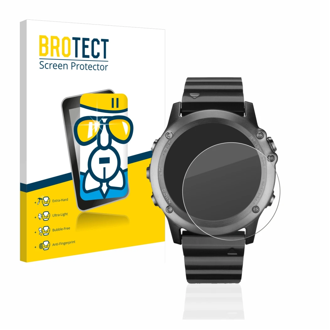 Front side of a product packaging with the brand logo BROTECT. Next to it is the device Garmin Fenix 3 shown with the correspo