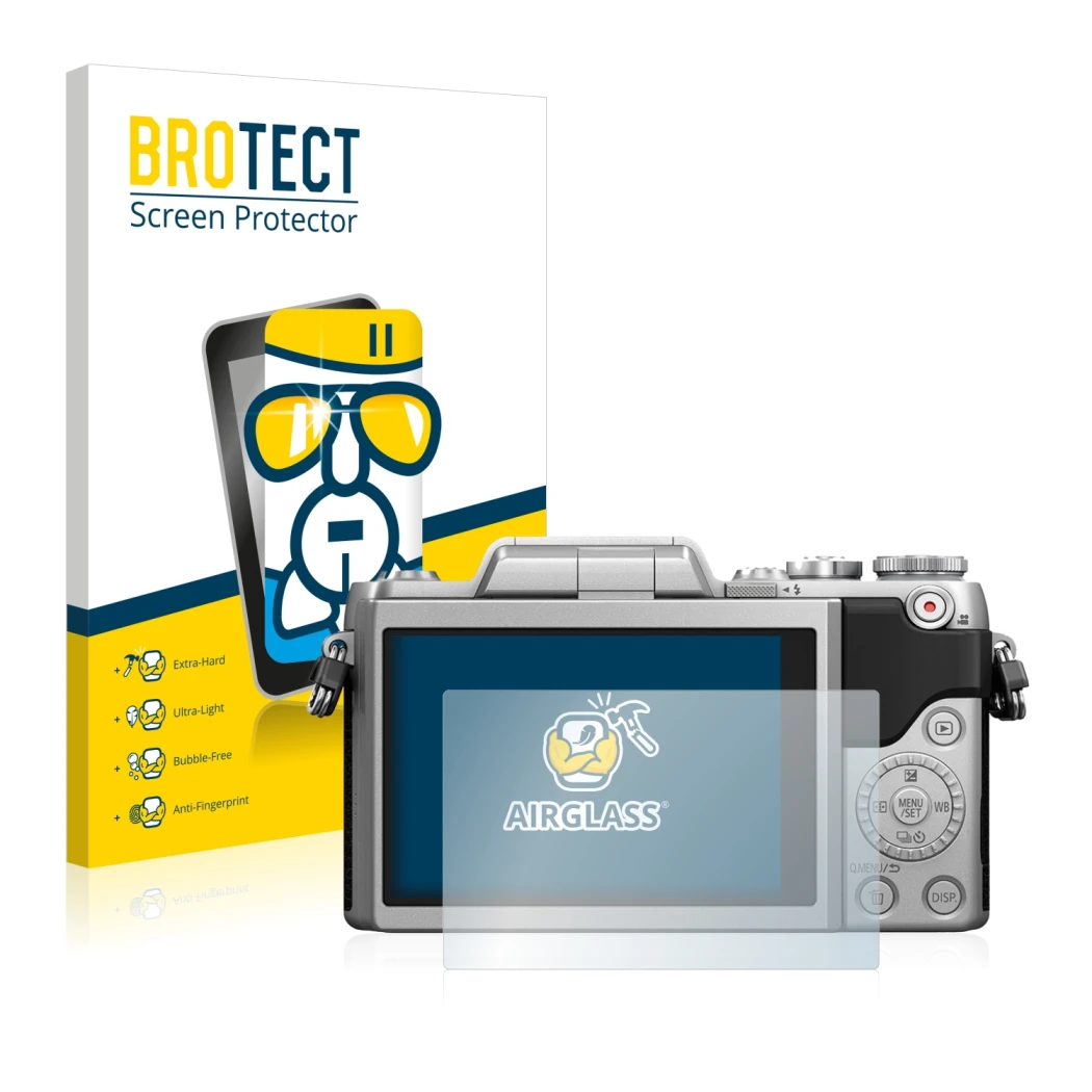 Front side of a product packaging with the brand logo BROTECT. Next to it is the device Panasonic Lumix DMC-GF7 shown with the