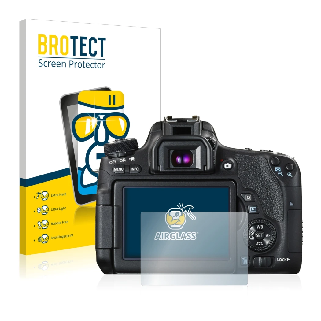 Front side of a product packaging with the brand logo BROTECT. Next to it is the device Canon EOS 760D shown with the correspo
