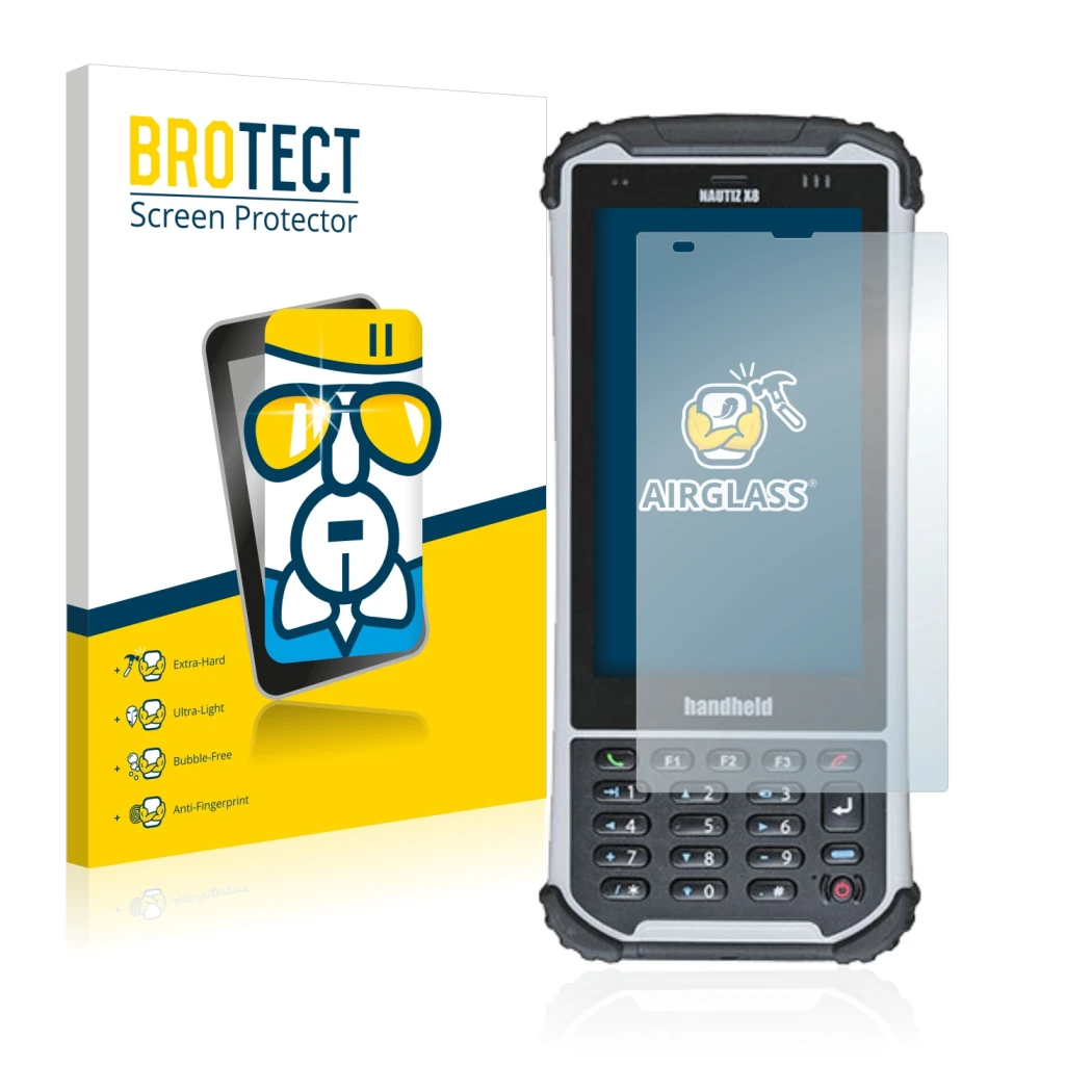 Front side of a product packaging with the brand logo BROTECT. Next to it is the device Handheld Nautiz X8 shown with the corr